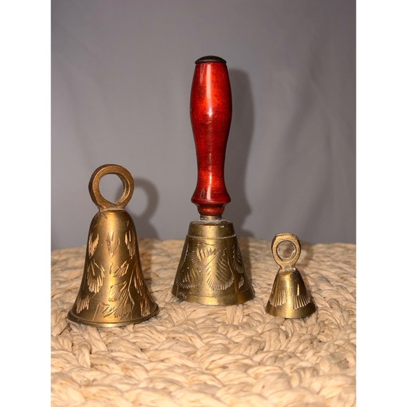 Other - Brass Hand Bells Set of 3 Engraved Bell Wooden Handle School Dinner Bells